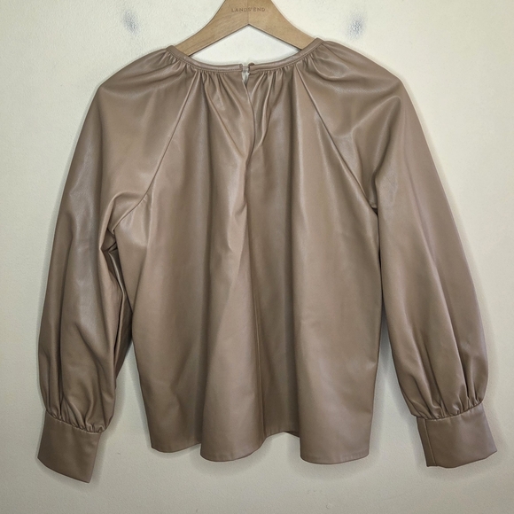 Zara Tan Faux Vegan Leather Long Puff Sleeve Top Size Small Minimalist Chic Luxe - Picture 6 of 6